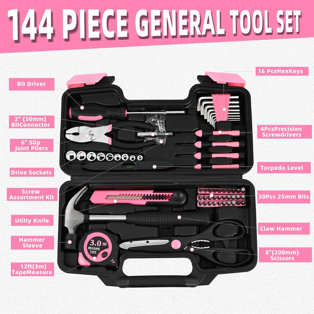 144-Piece Pink Tool Kit Basic Home Repair Tool Set
