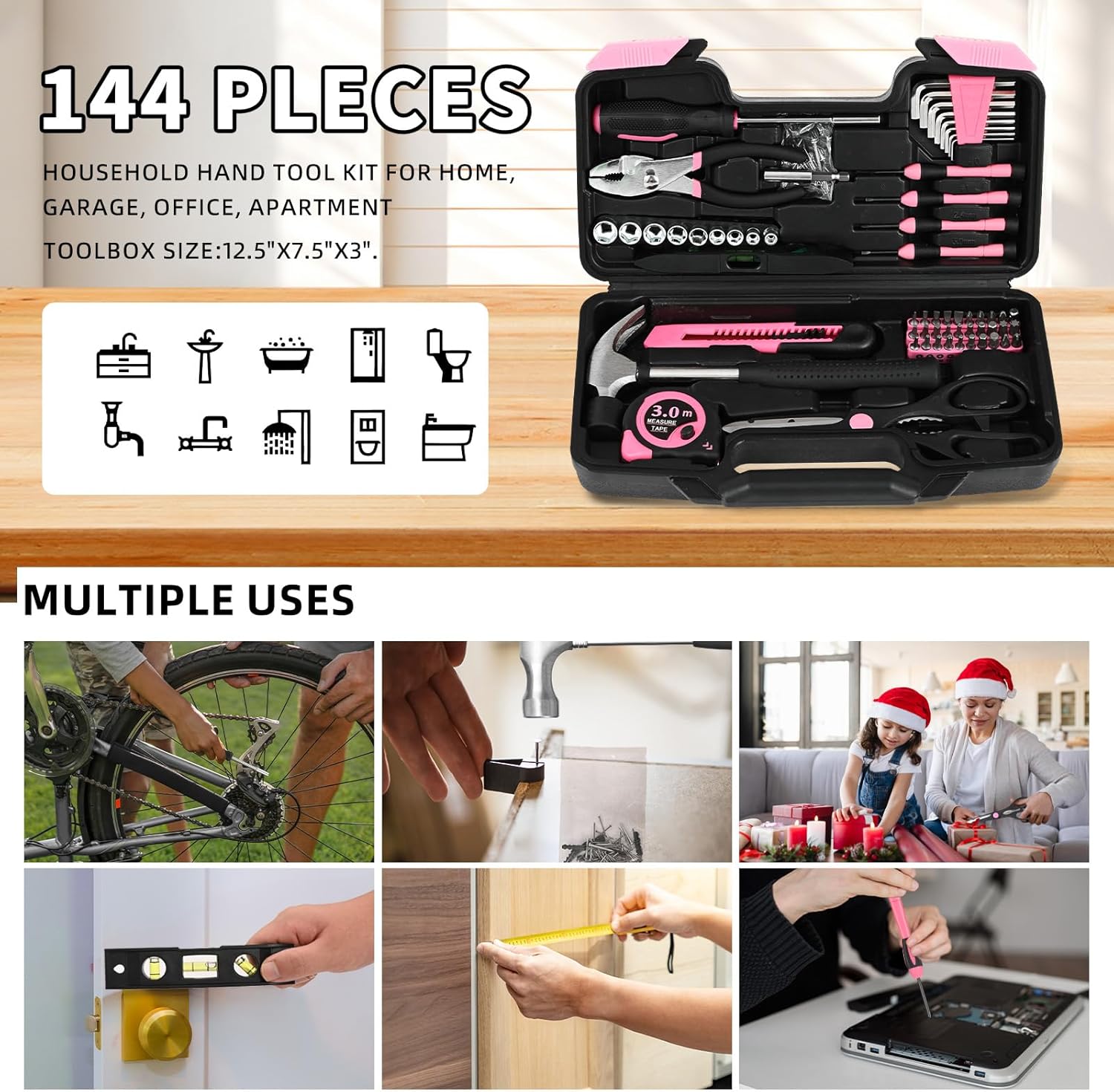 144-Piece Pink Tool Kit Basic Home Repair Tool Set